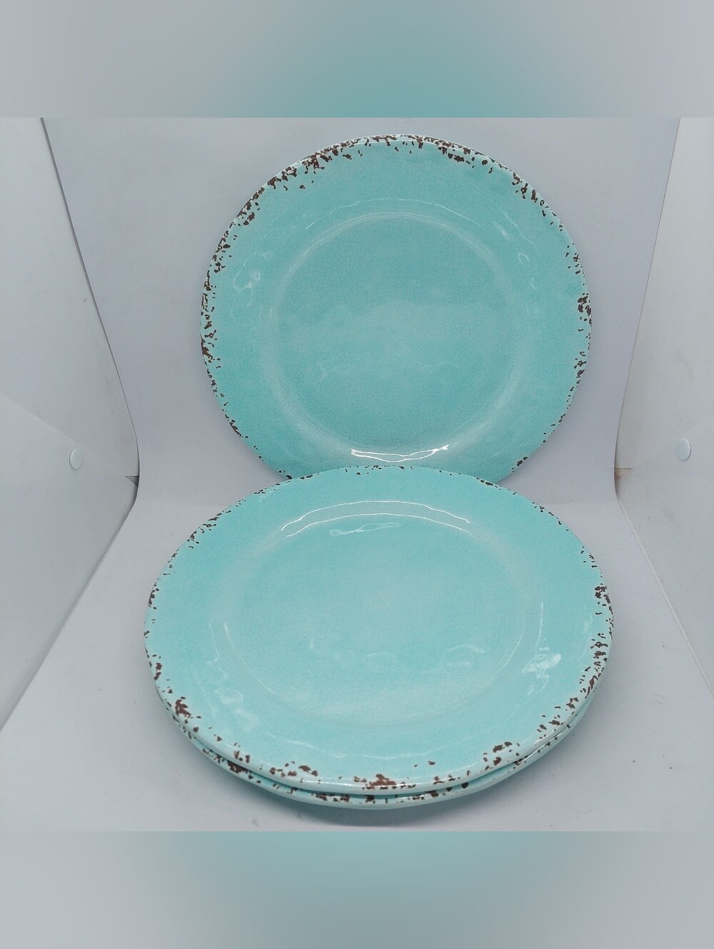 Il Mulino Melamine Plates 10.78” Rustic Crackle Crazed Light Blue Set of 4